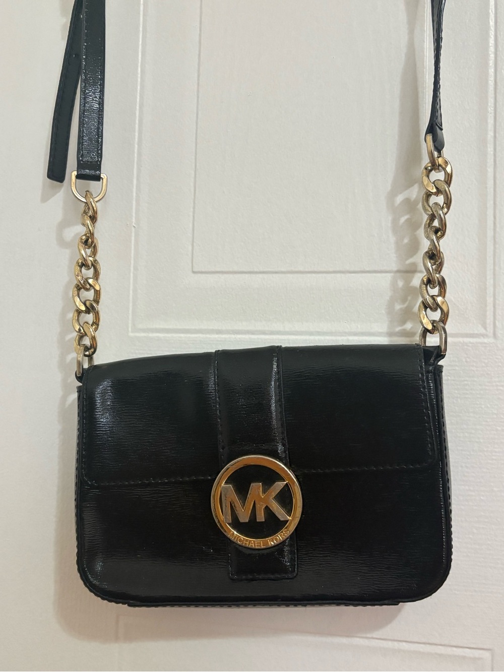 Michael Kors Black Leather Crossbody with Gold MK Emblem